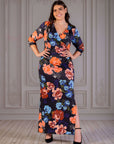 Plus Size Black Floral Three Quarter Sleeve Side Slit Maxi Dress