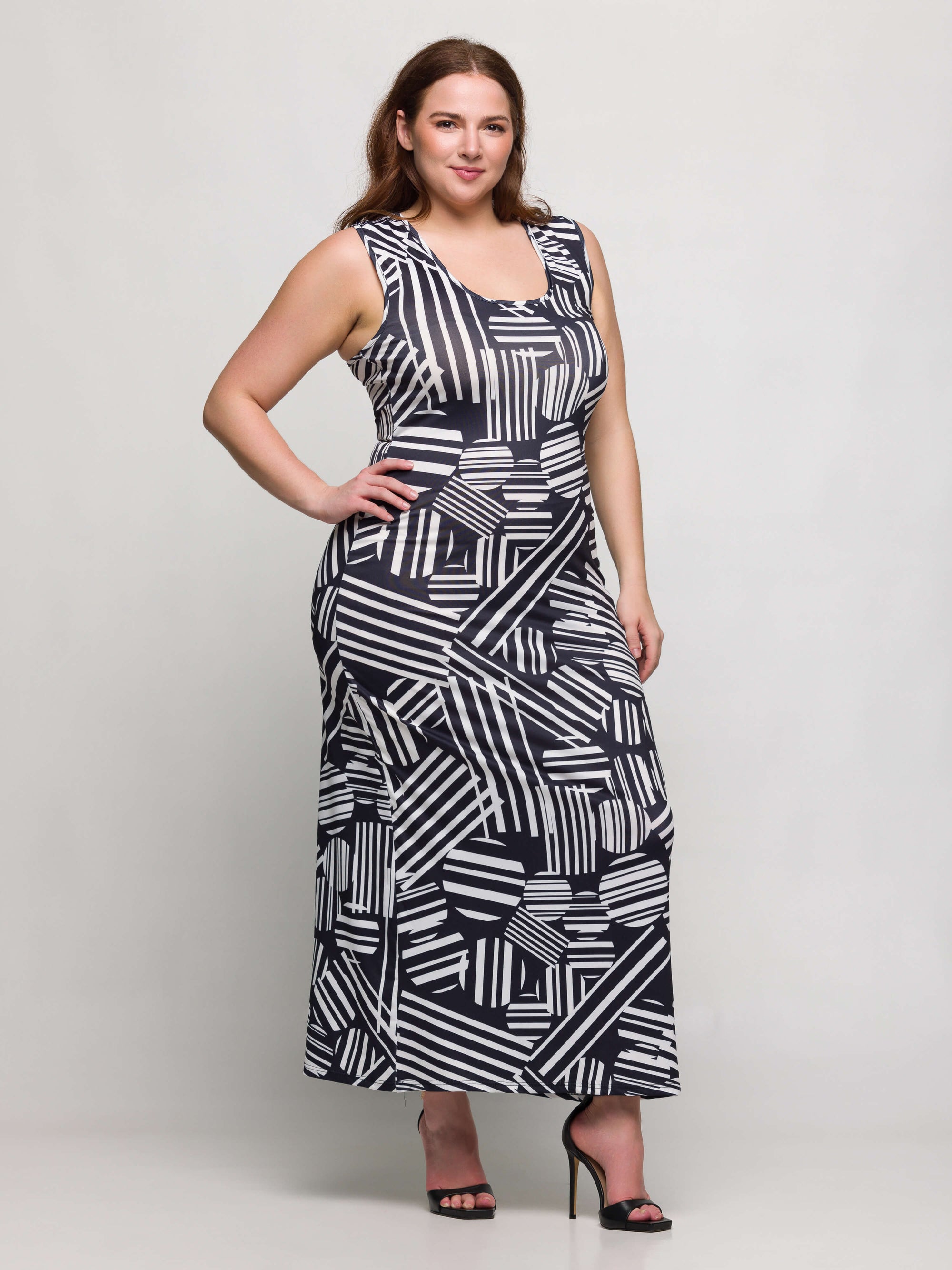 24seven Comfort Apparel Black and White Plus Size Razorback Tank Casual Maxi Dress