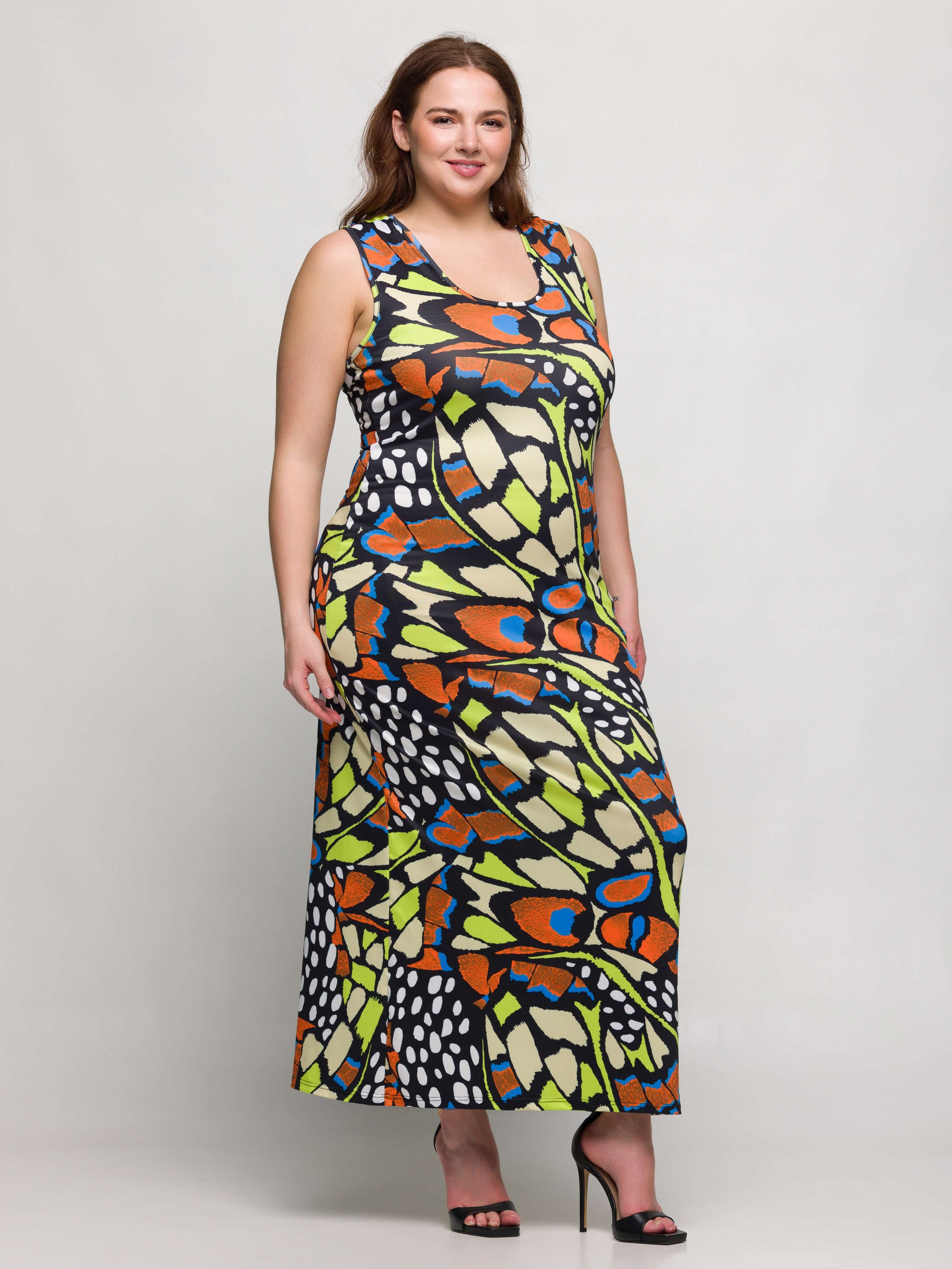 24seven Comfort Apparel Bright Butterfly Print Plus Size Razorback Tank Casual Maxi Dress