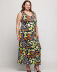 24seven Comfort Apparel Bright Butterfly Print Plus Size Razorback Tank Casual Maxi Dress