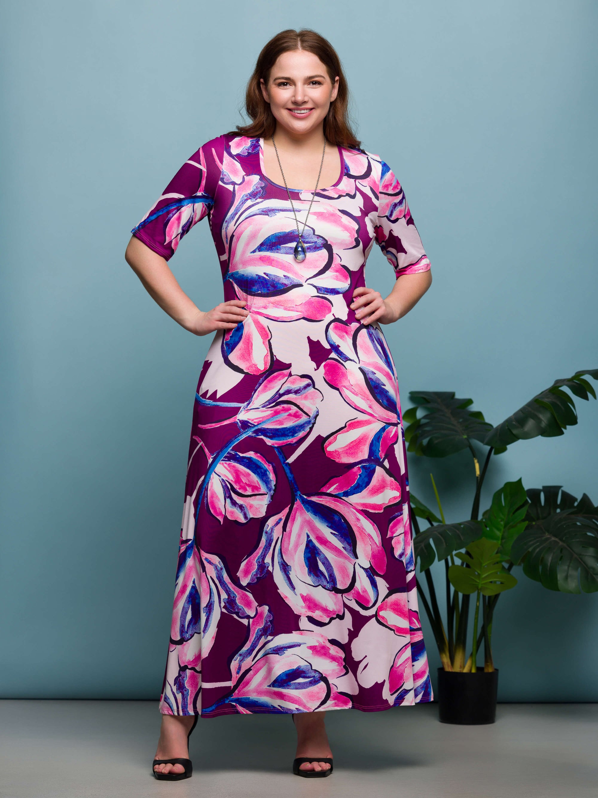 24seven Comfort Apparel Plus Size Purple Floral Print Elbow Sleeve Casual A Line Maxi Dress