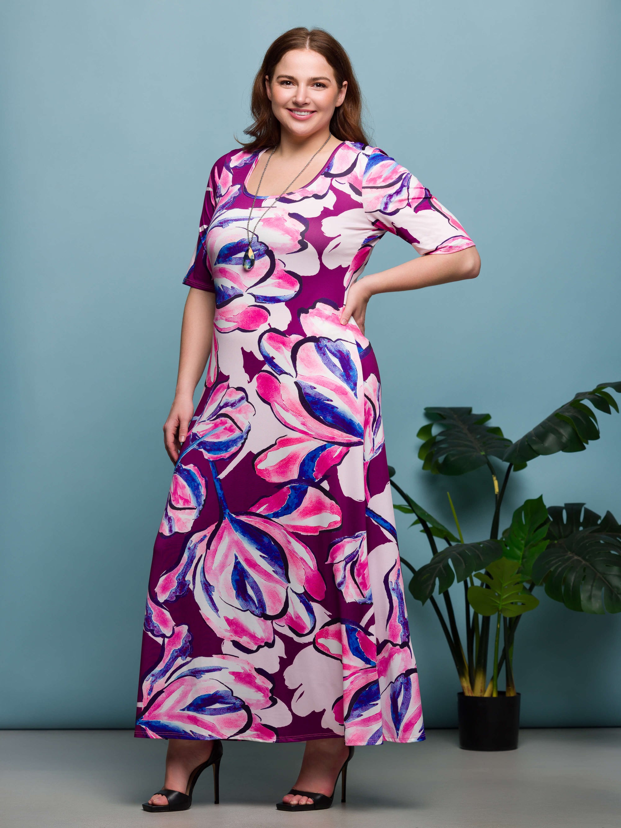 24seven Comfort Apparel Plus Size Purple Floral Print Elbow Sleeve Casual A Line Maxi Dress