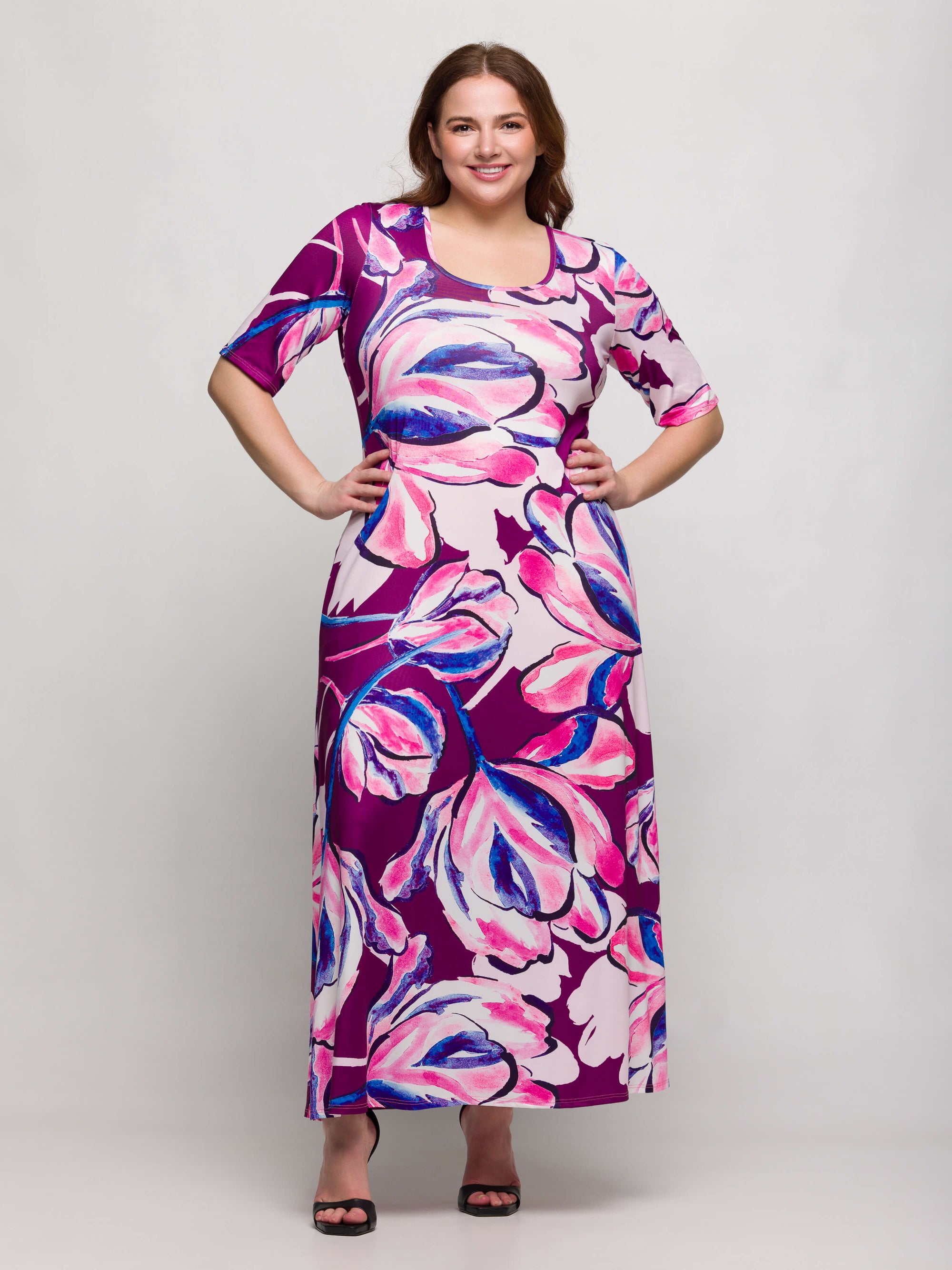 24seven Comfort Apparel Plus Size Purple Floral Print Elbow Sleeve Casual A Line Maxi Dress