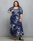 24seven Comfort Apparel Plus Size Blue Floral Print Elbow Sleeve Casual A Line Maxi Dress
