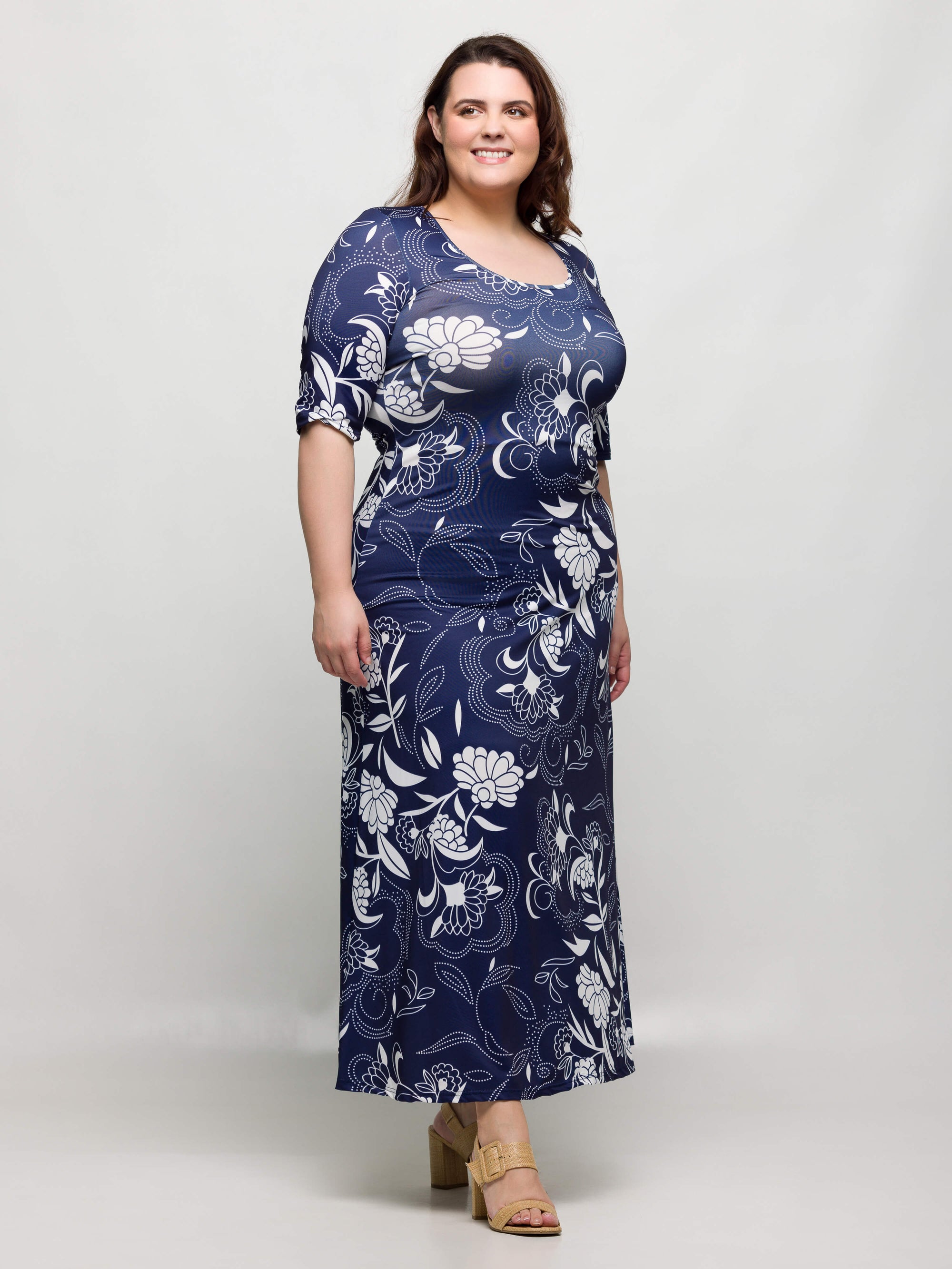 24seven Comfort Apparel Plus Size Blue Floral Print Elbow Sleeve Casual A Line Maxi Dress