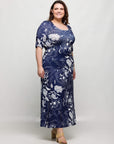 24seven Comfort Apparel Plus Size Blue Floral Print Elbow Sleeve Casual A Line Maxi Dress
