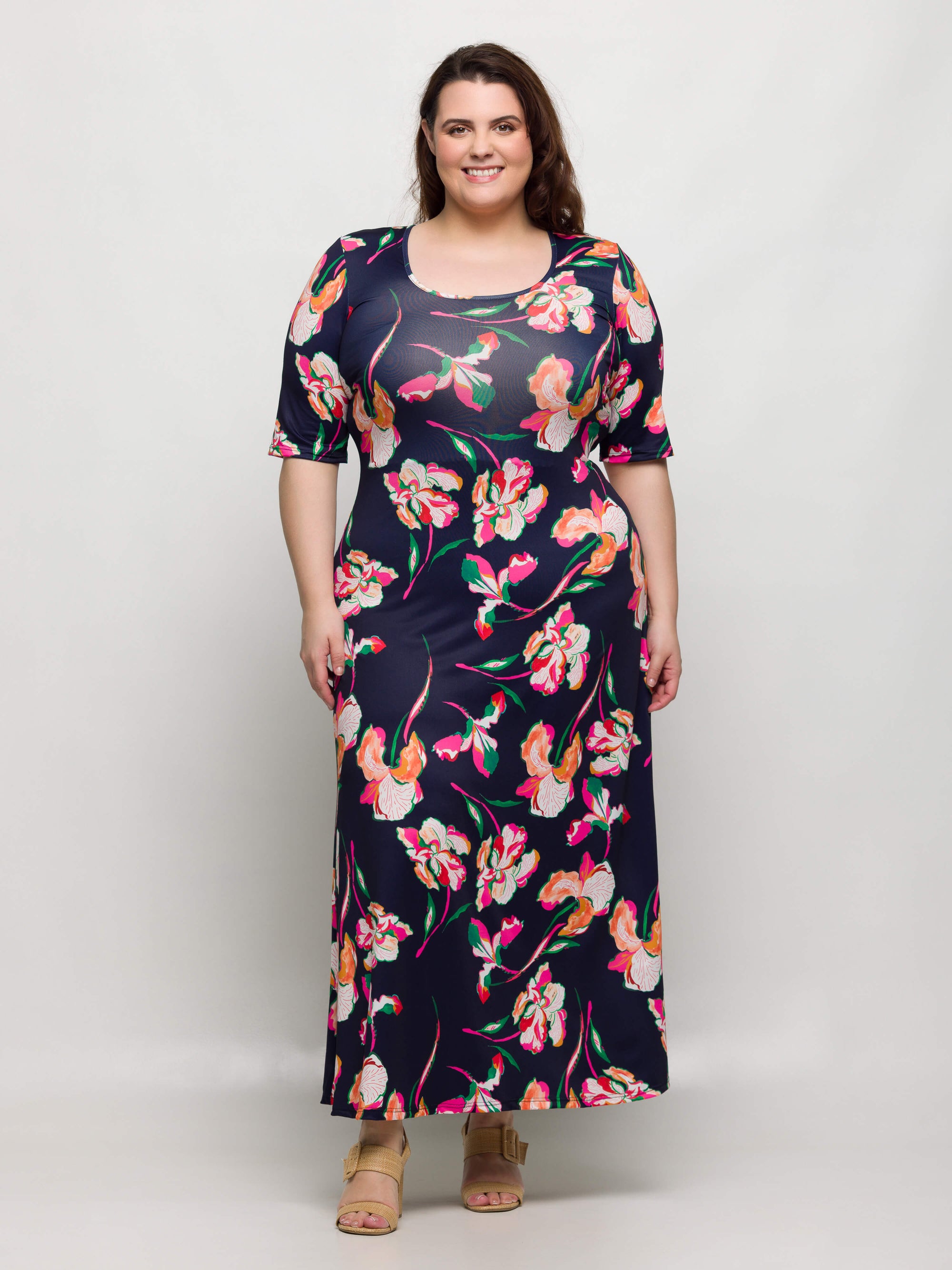 24seven Comfort Apparel Plus Size Navy Floral Print Elbow Sleeve Casual A Line Maxi Dress