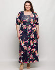 24seven Comfort Apparel Plus Size Navy Floral Print Elbow Sleeve Casual A Line Maxi Dress