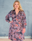 Grey Paisley Dolman Long Sleeve Plus Size Cocktail Dress