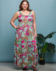 24seven Comfort Apparel Plus Size Hot Pink Paisley Print Scoop Neck A Line Sleeveless Maxi Dress