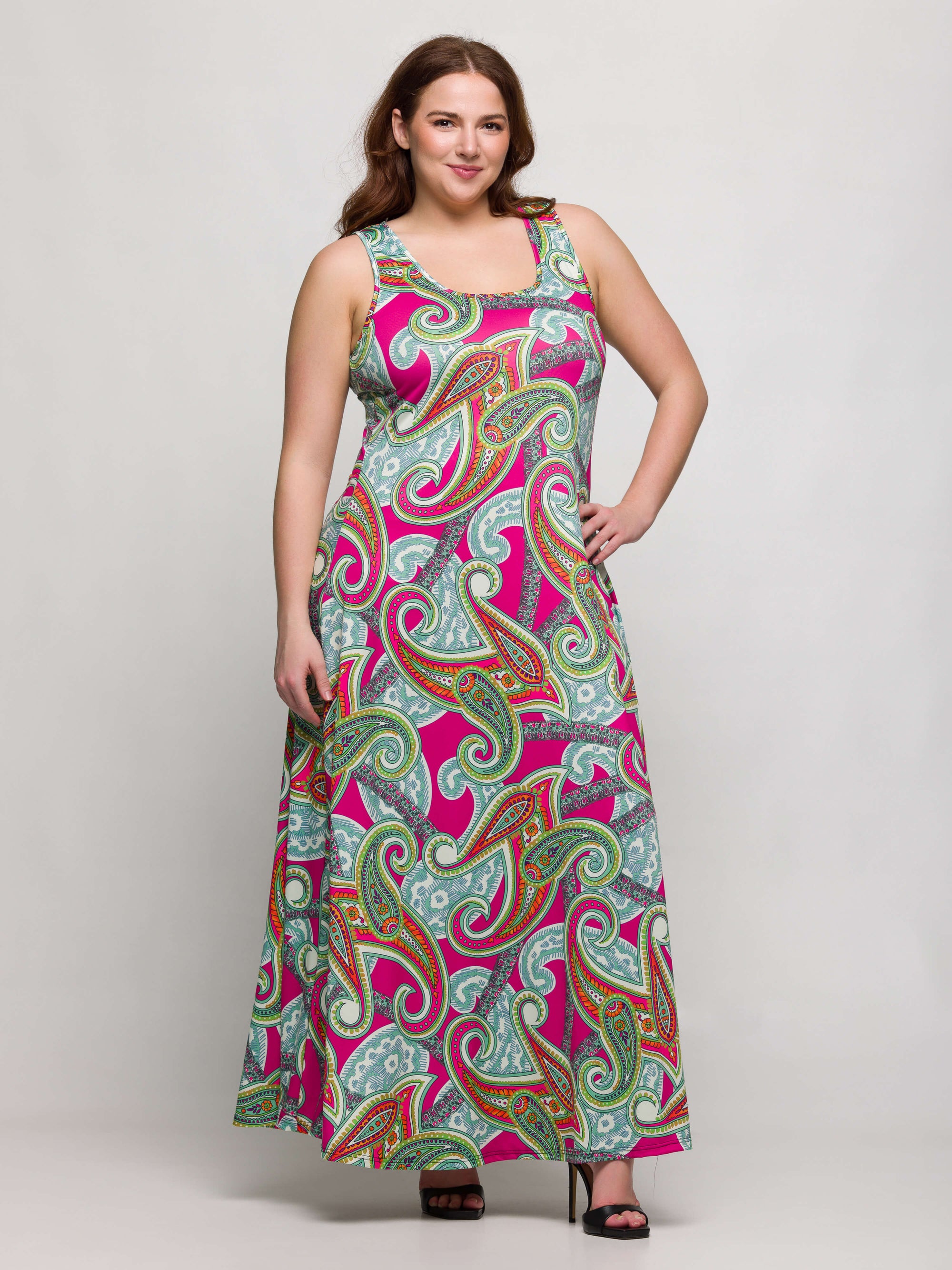 24seven Comfort Apparel Plus Size Hot Pink Paisley Print Scoop Neck A Line Sleeveless Maxi Dress