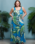 24seven Comfort Apparel Plus Size Blue Paisley Print Scoop Neck A Line Sleeveless Maxi Dress