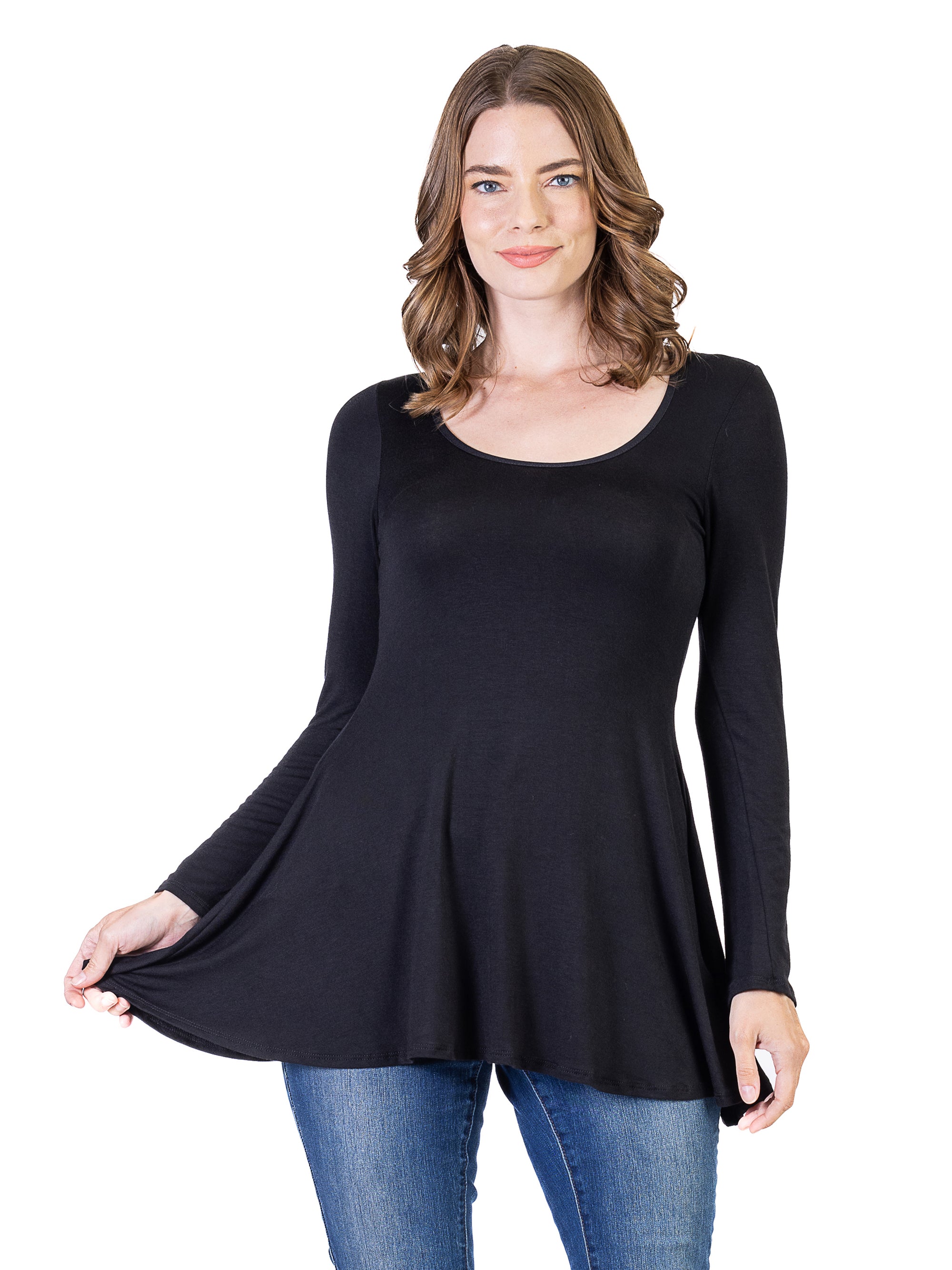 24seven Comfort Apparel Long Sleeve Solid Color Swing Style Flared Tunic Top