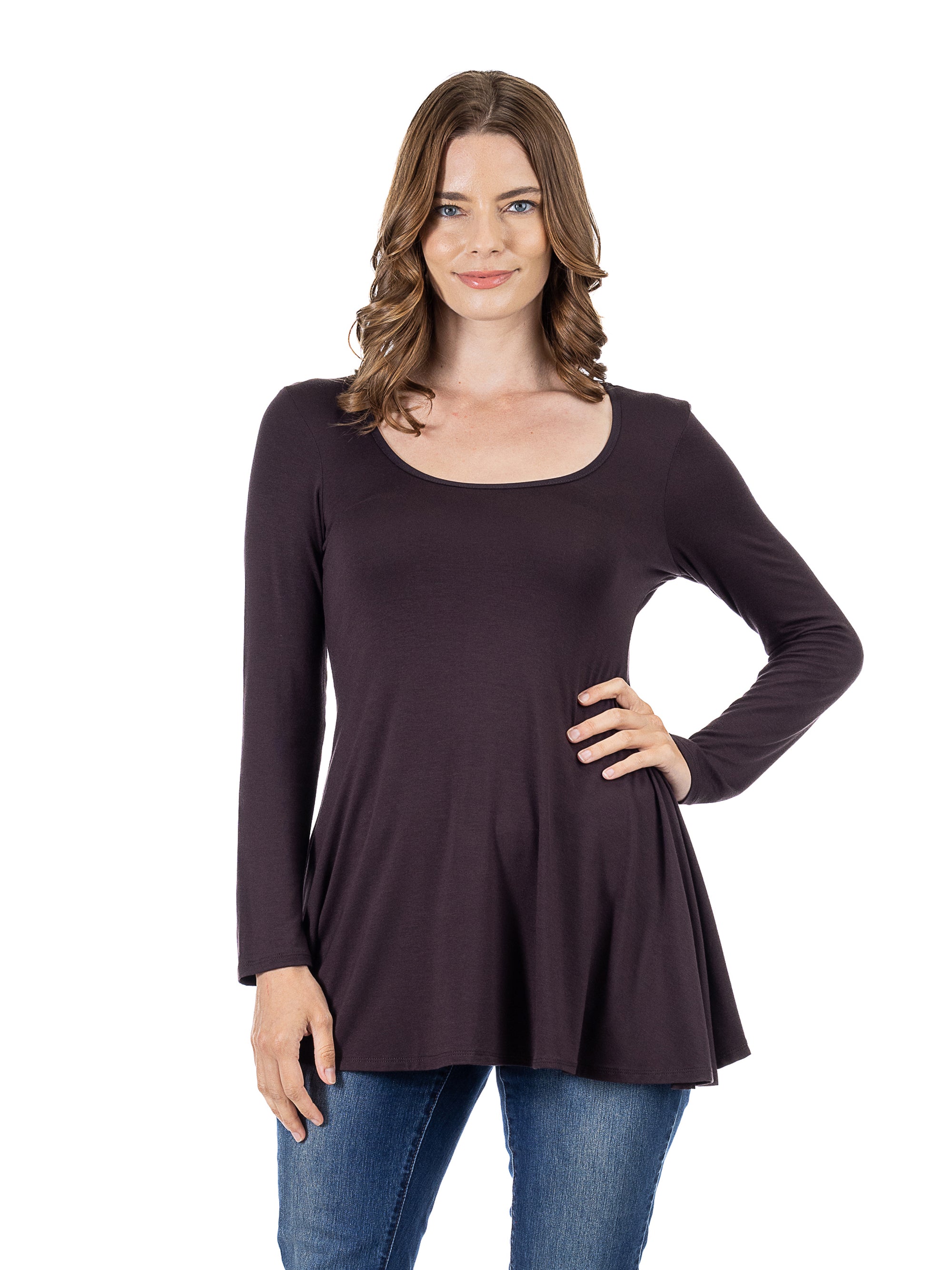 24seven Comfort Apparel Long Sleeve Solid Color Swing Style Flared Tunic Top