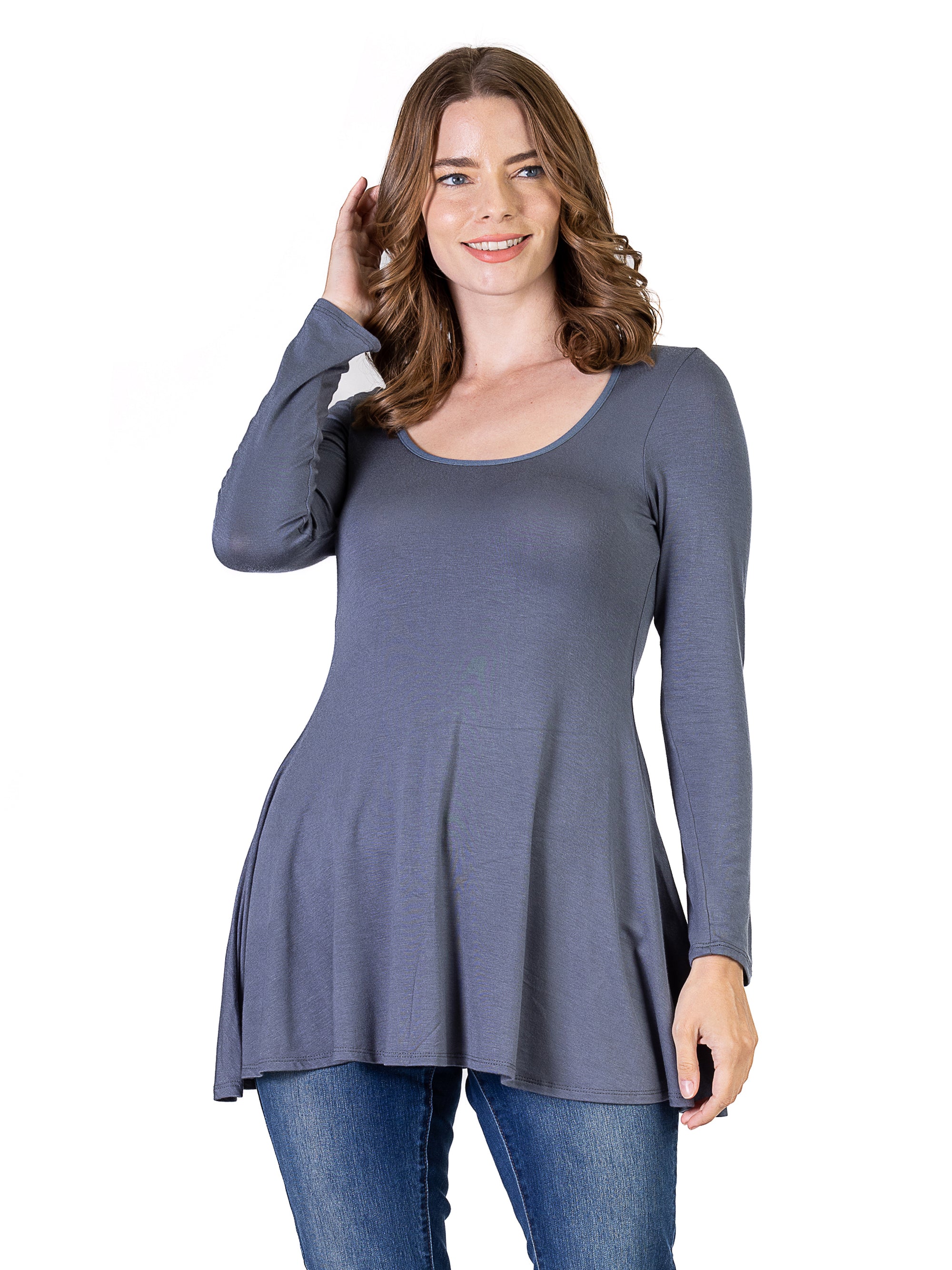 24seven Comfort Apparel Long Sleeve Solid Color Swing Style Flared Tunic Top
