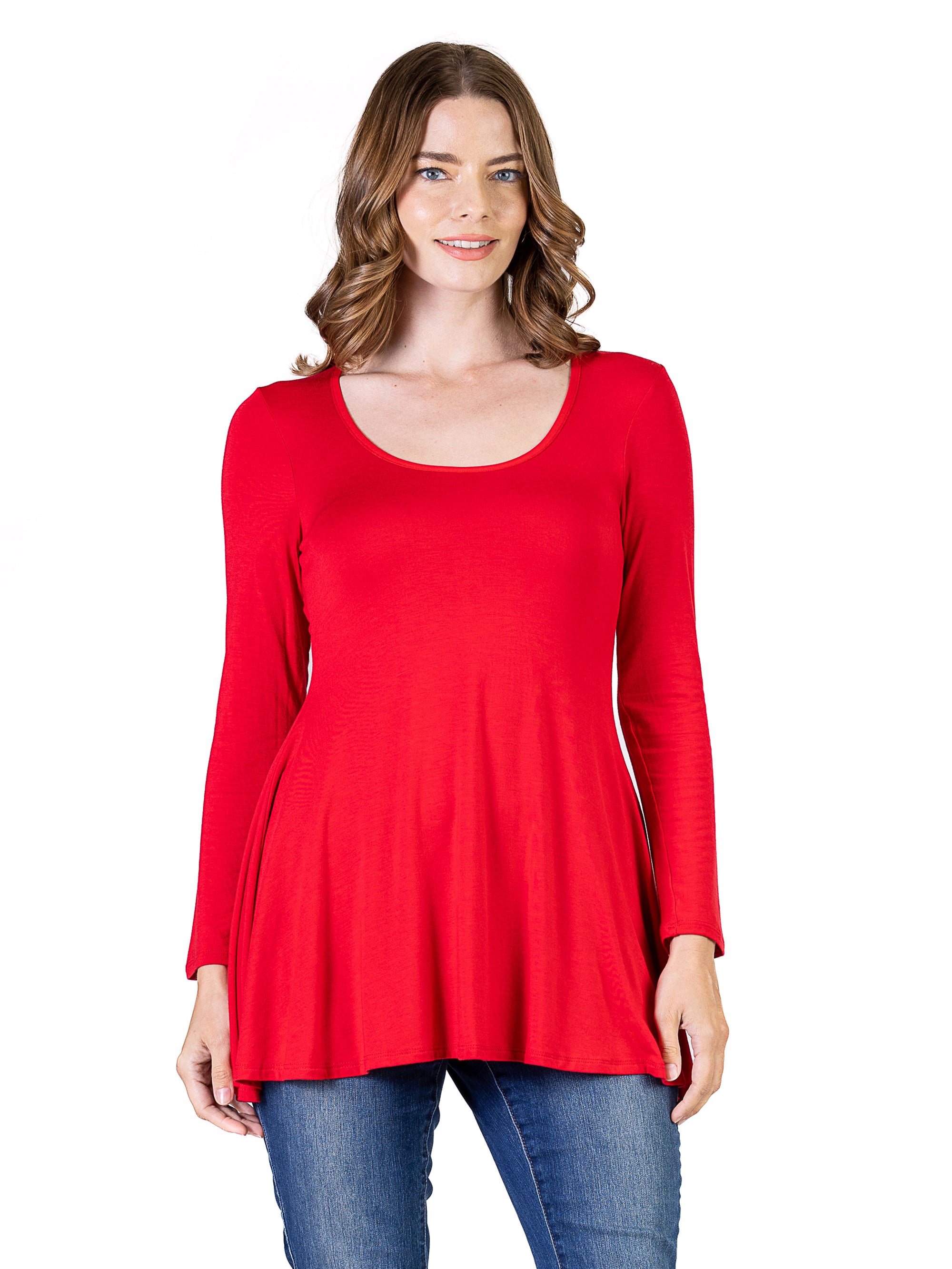 24seven Comfort Apparel Long Sleeve Solid Color Swing Style Flared Tunic Top