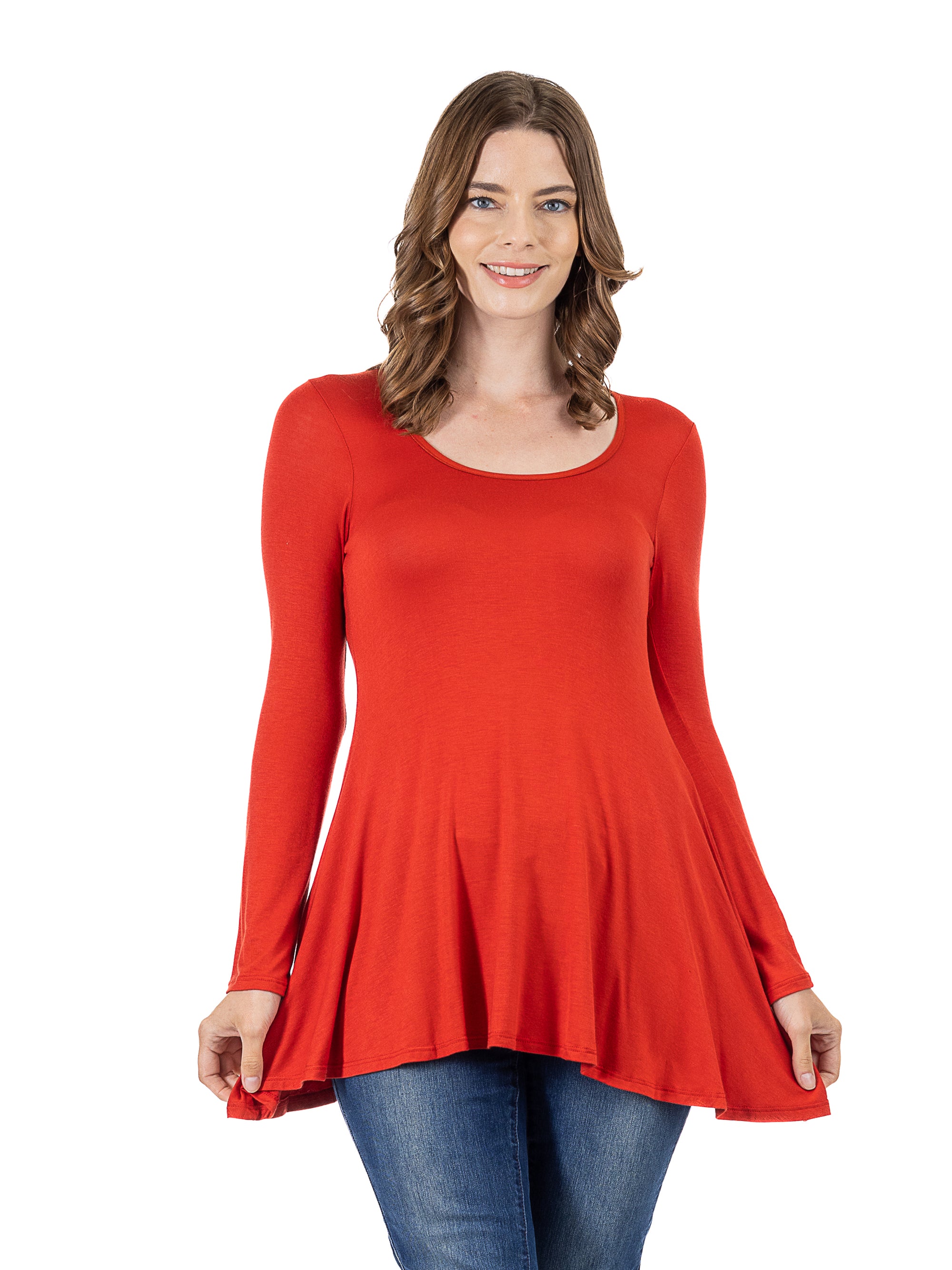 24seven Comfort Apparel Long Sleeve Solid Color Swing Style Flared Tunic Top