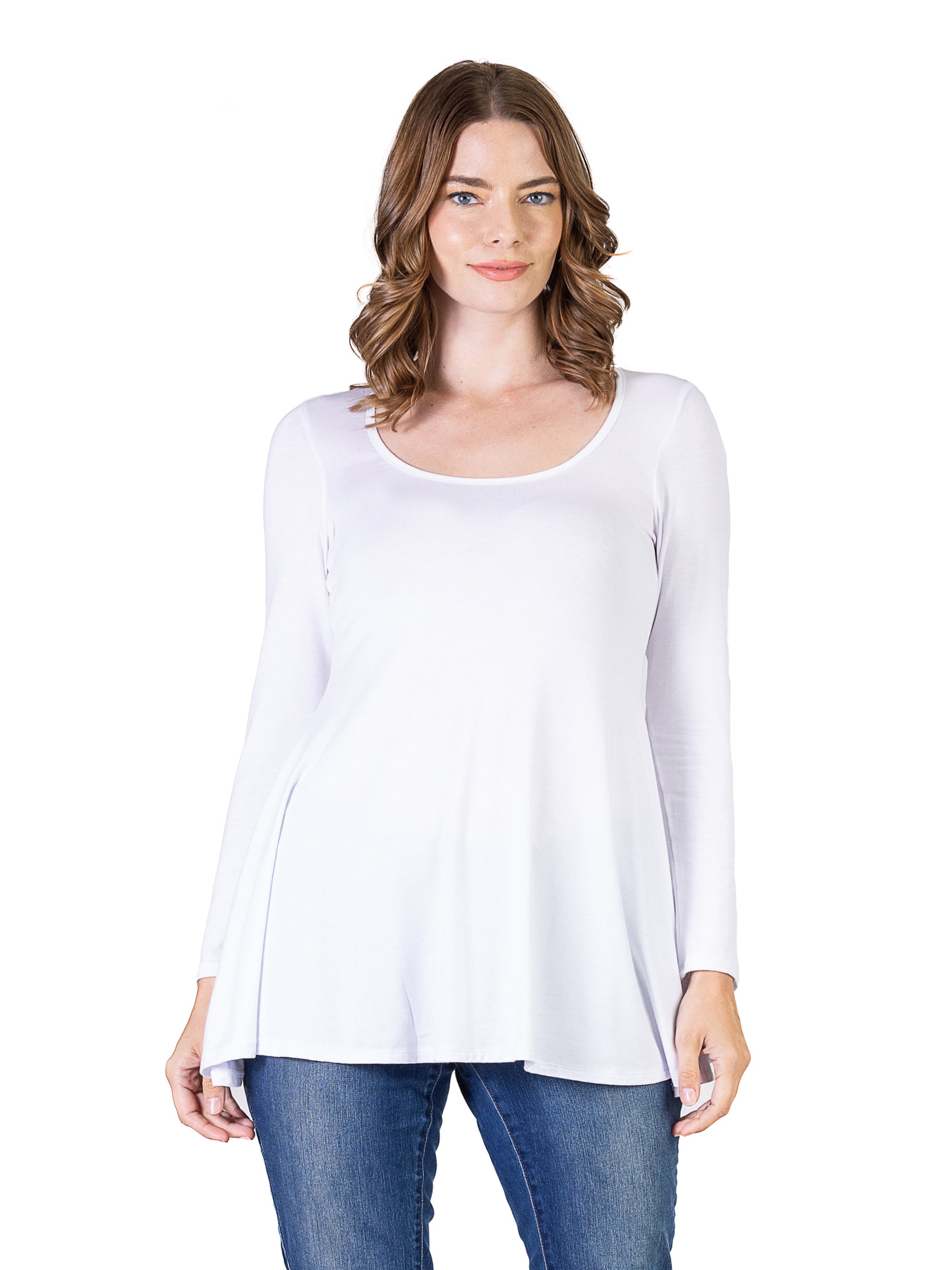 24seven Comfort Apparel Long Sleeve Solid Color Swing Style Flared Tunic Top