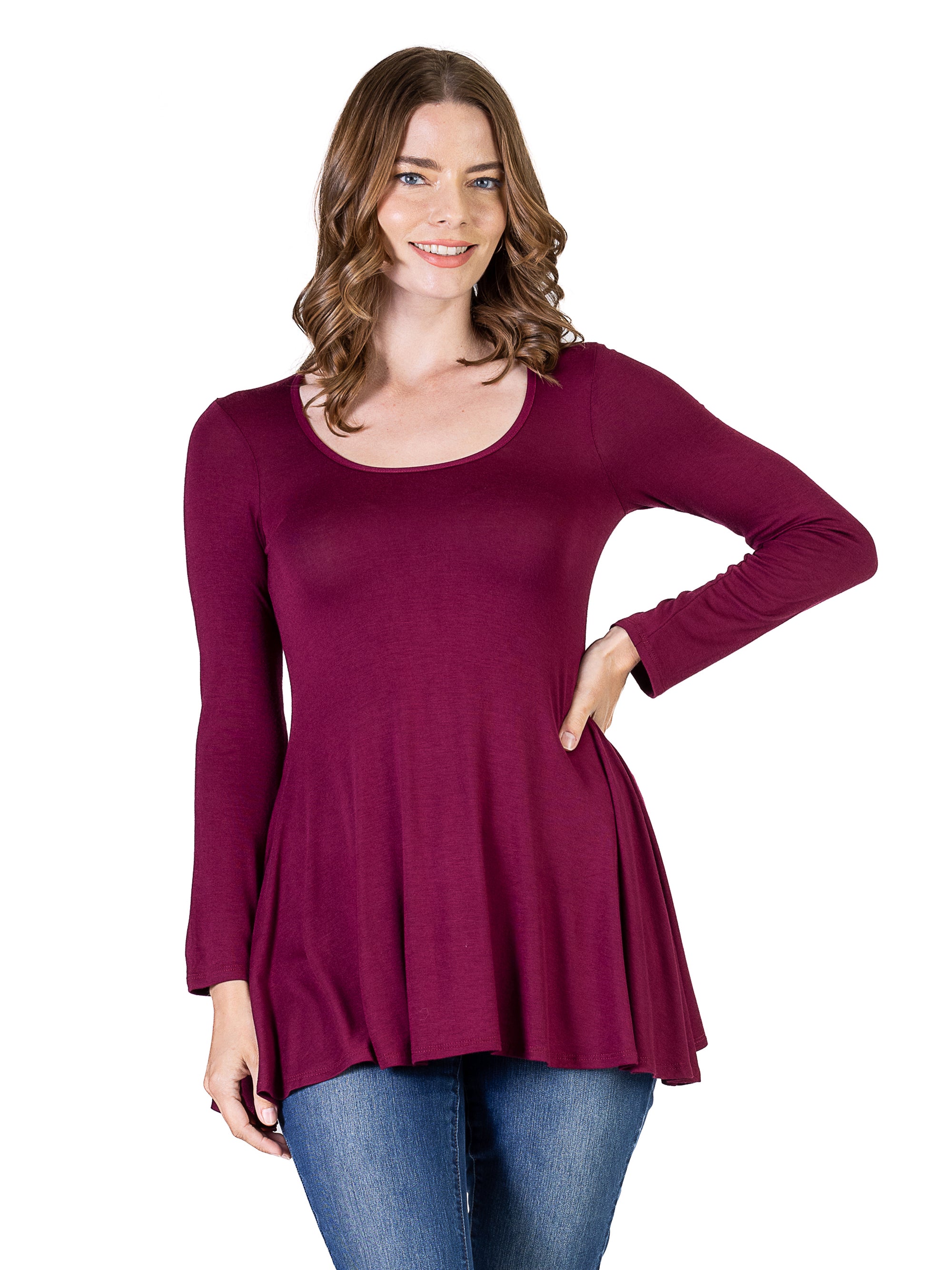 24seven Comfort Apparel Long Sleeve Solid Color Swing Style Flared Tunic Top