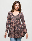 24seven Comfort Apparel Brown Floral Print Long Sleeve Tunic Top