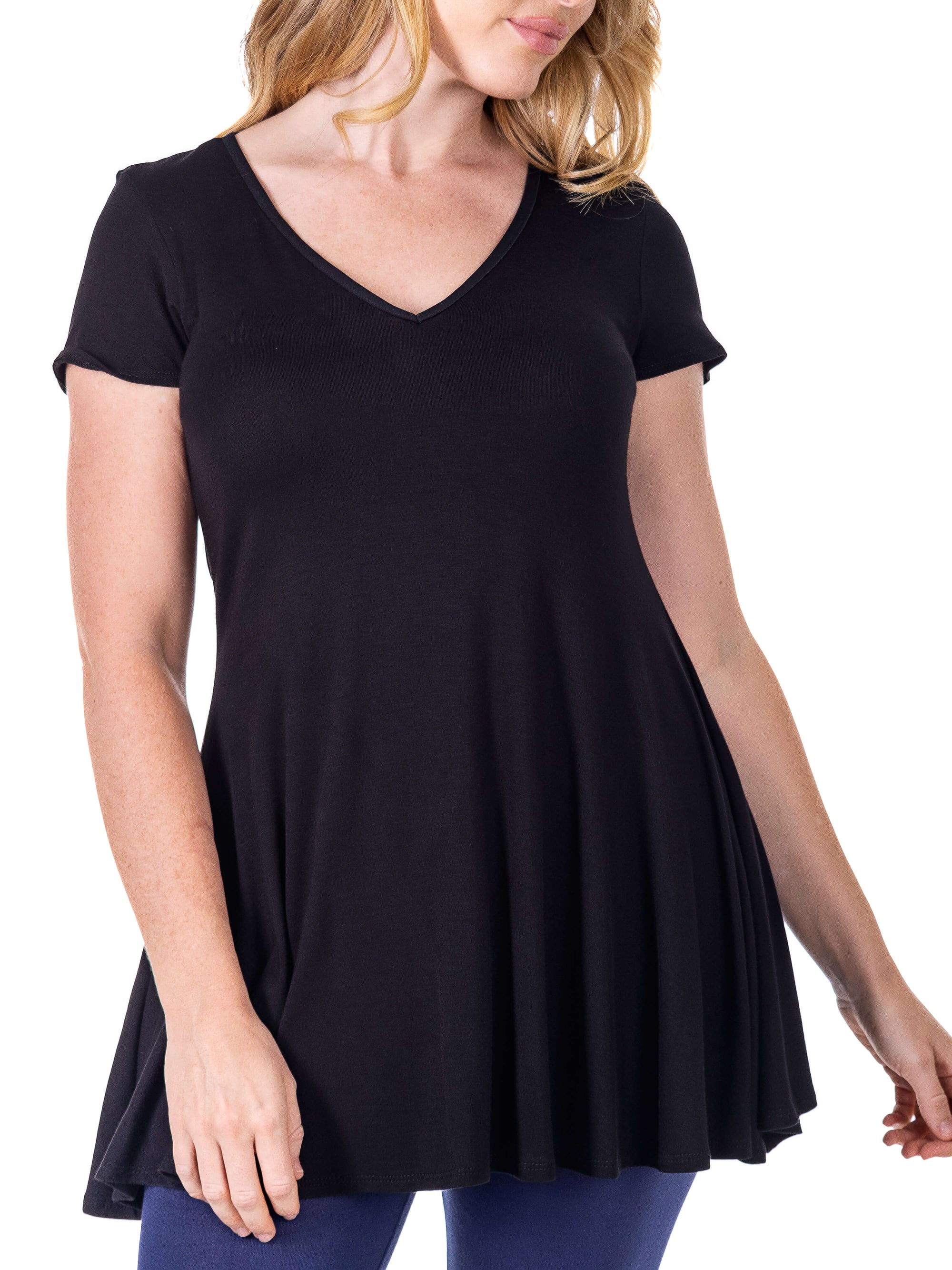 Women&#39;s Short Sleeve Loose Fit Tunic Top with V Neck