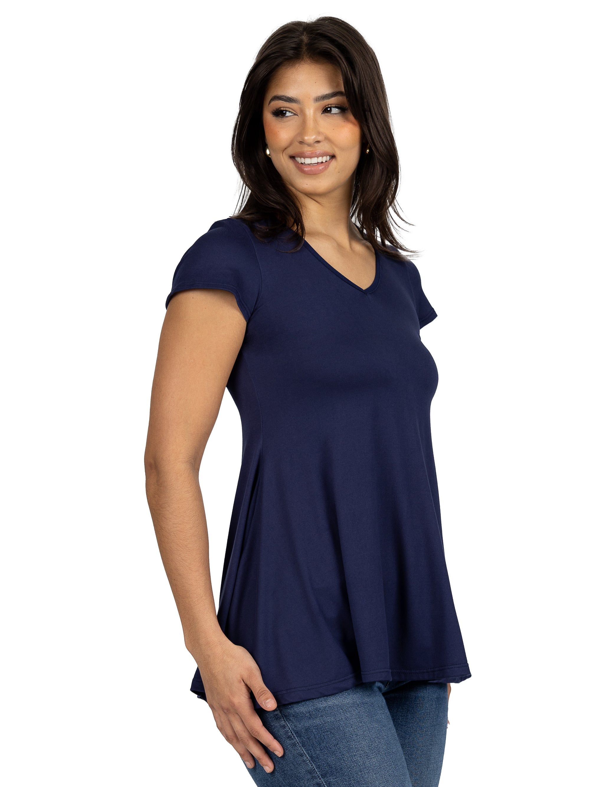 Women&#39;s Short Sleeve Loose Fit Tunic Top with V Neck