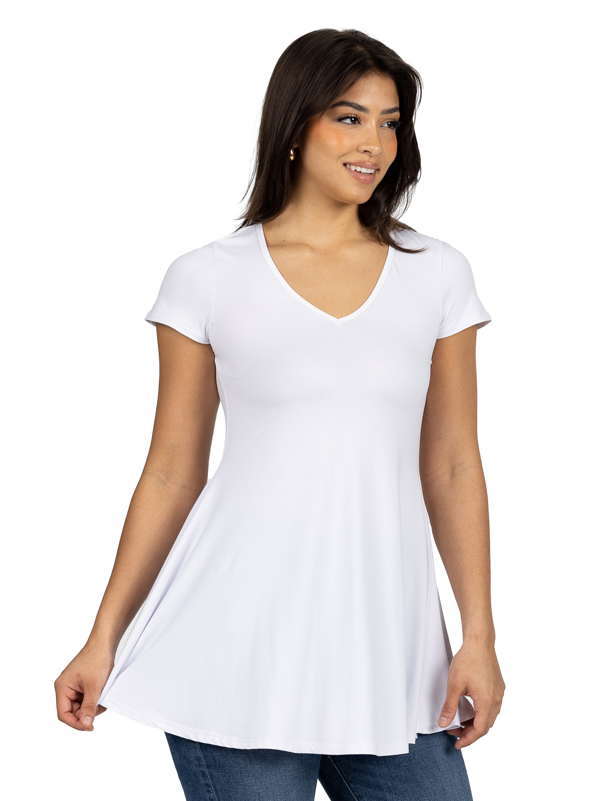 Women&#39;s Short Sleeve Loose Fit Tunic Top with V Neck