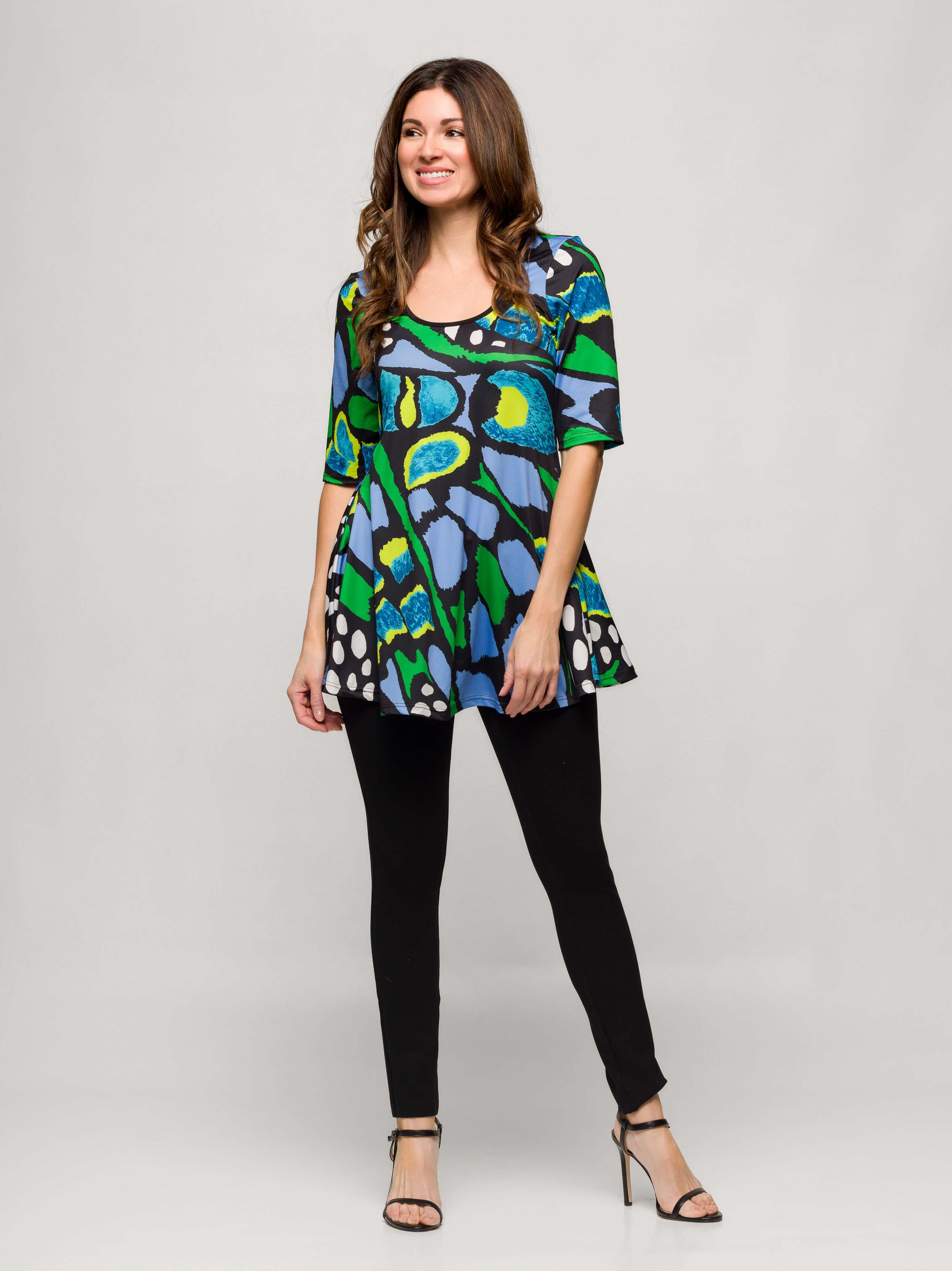 24seven Comfort Apparel Womens Blue Butterfly Print Elbow Sleeve Casual Tunic Top