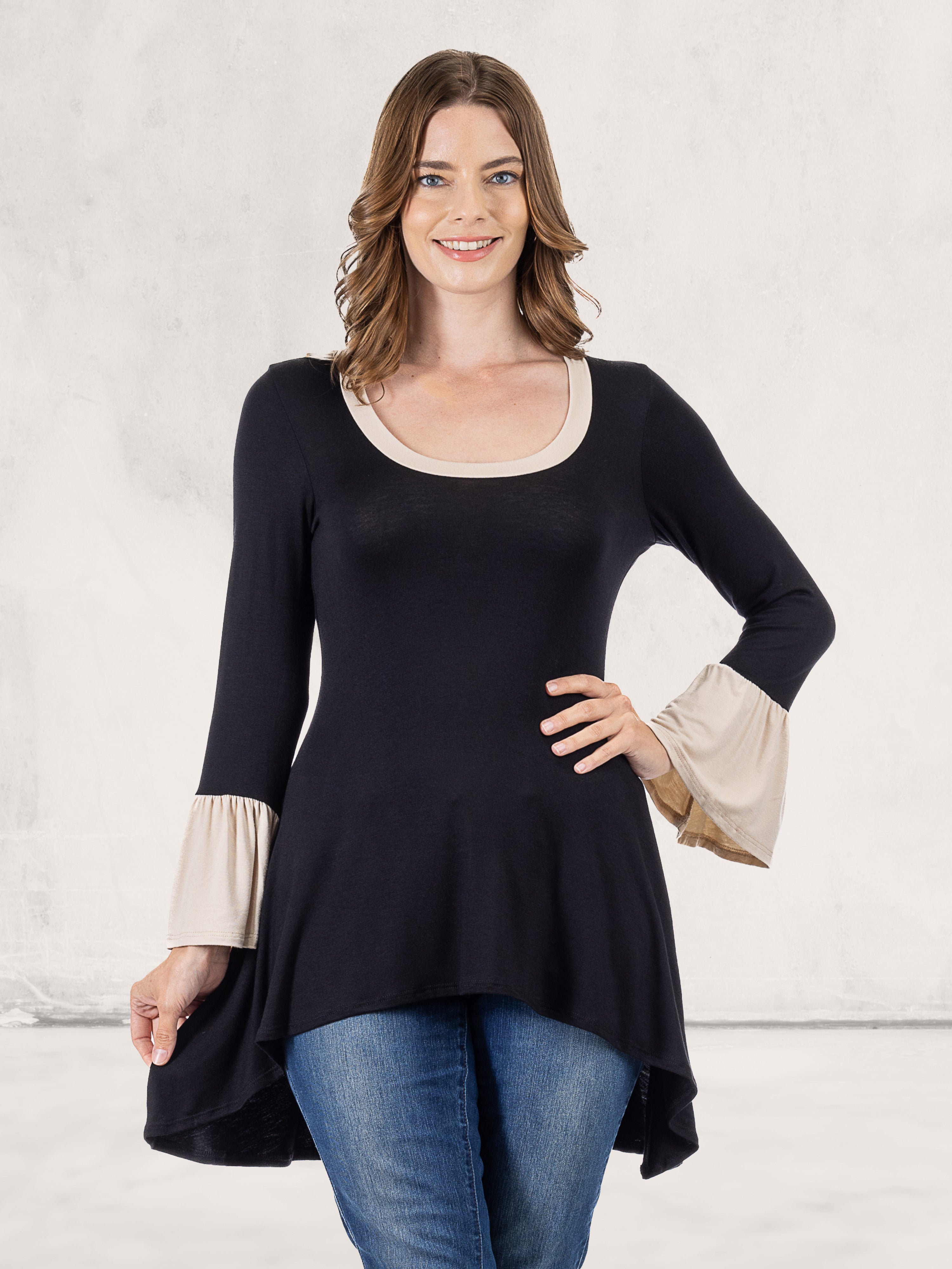 Black and Beige Bell Sleeve Hi Low Tunic Top