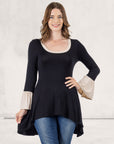 Black and Beige Bell Sleeve Hi Low Tunic Top