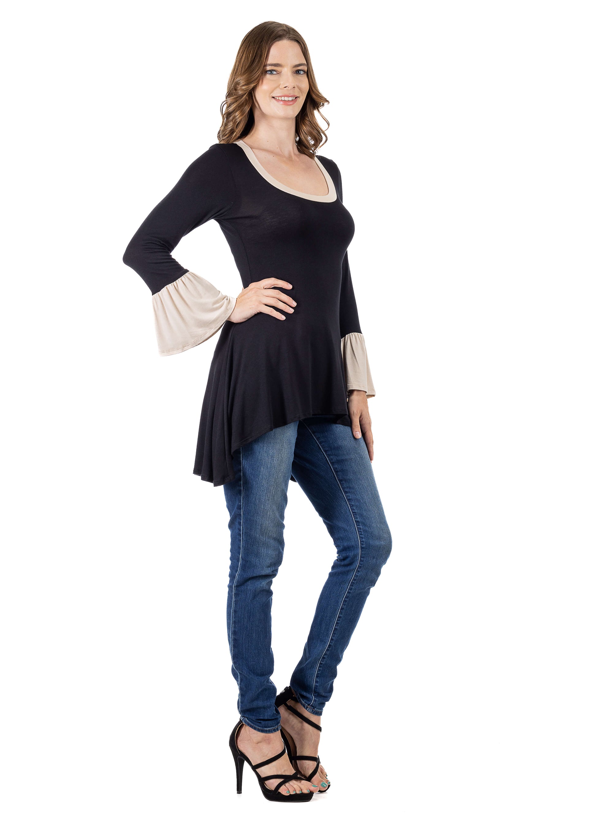 Black and Beige Bell Sleeve Hi Low Tunic Top