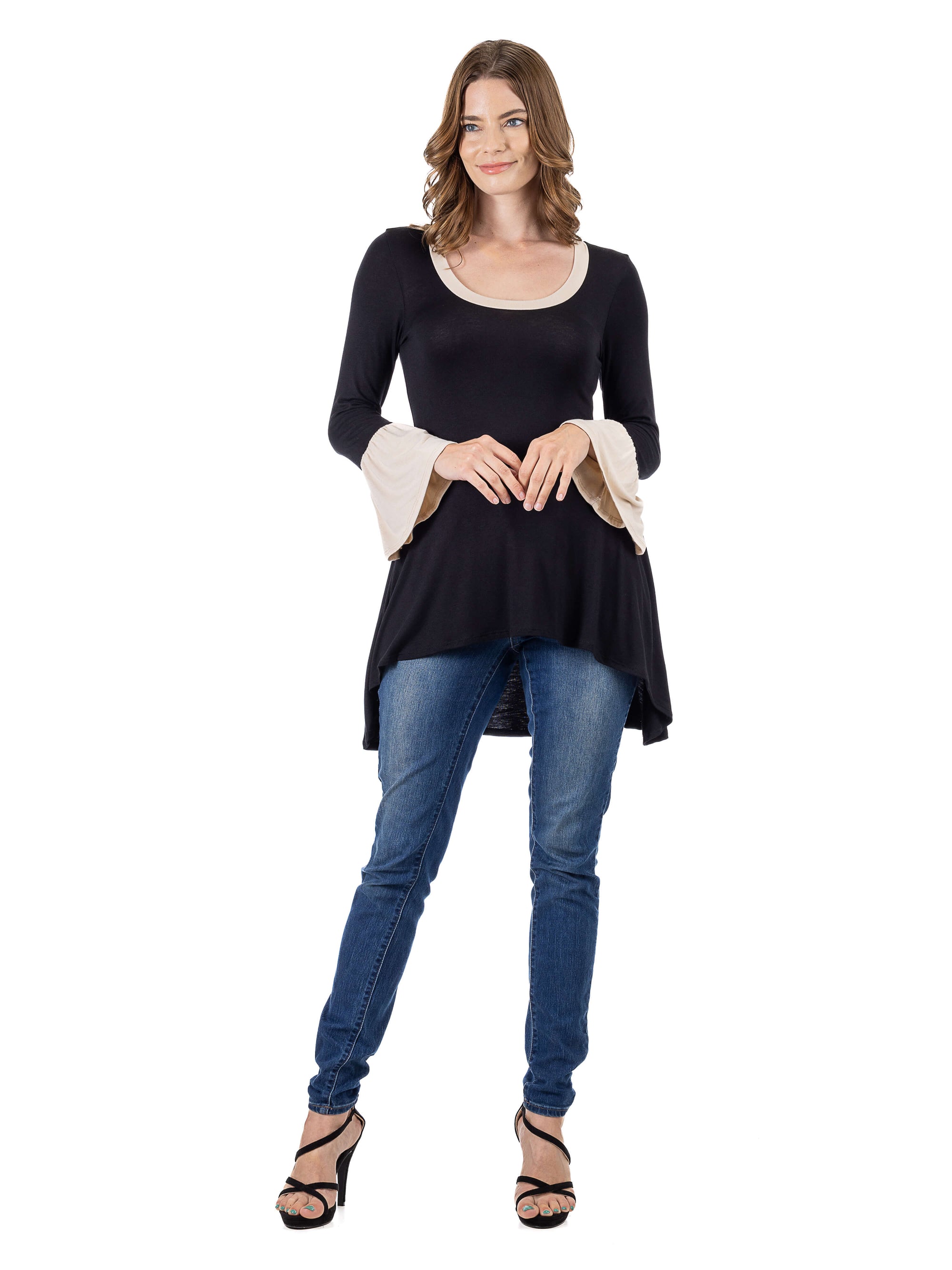 Black and Beige Bell Sleeve Hi Low Tunic Top