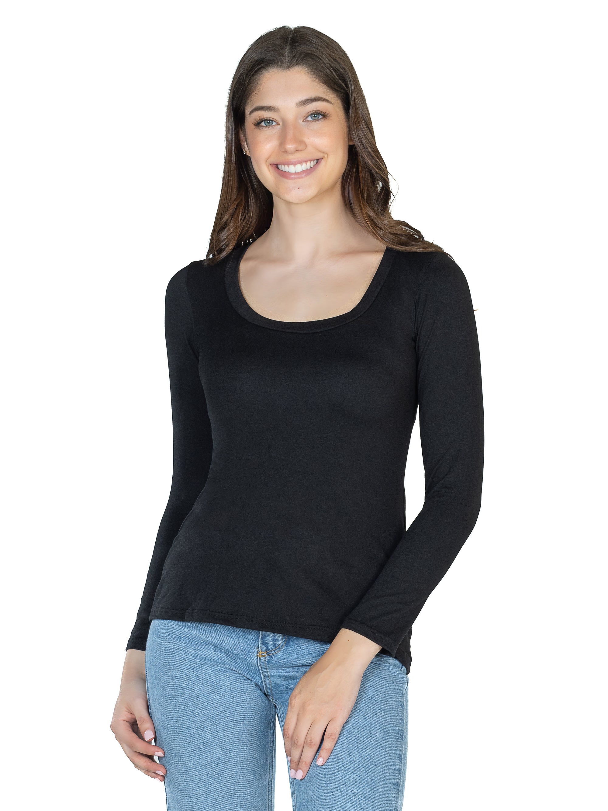 24seven Comfort Apparel Solid Long Sleeve Scoop Neck Womens Tee