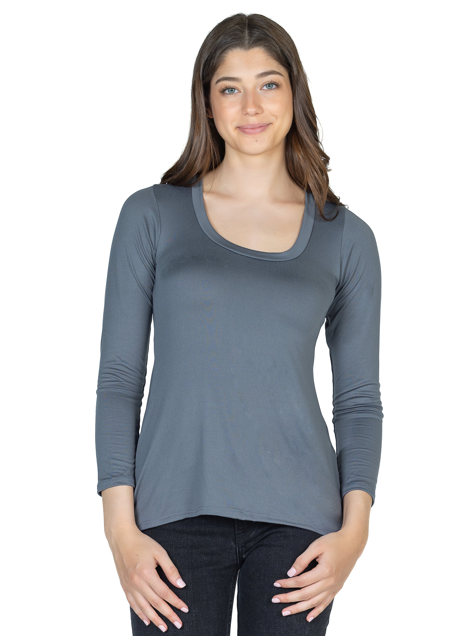 24seven Comfort Apparel Solid Long Sleeve Scoop Neck Womens Tee