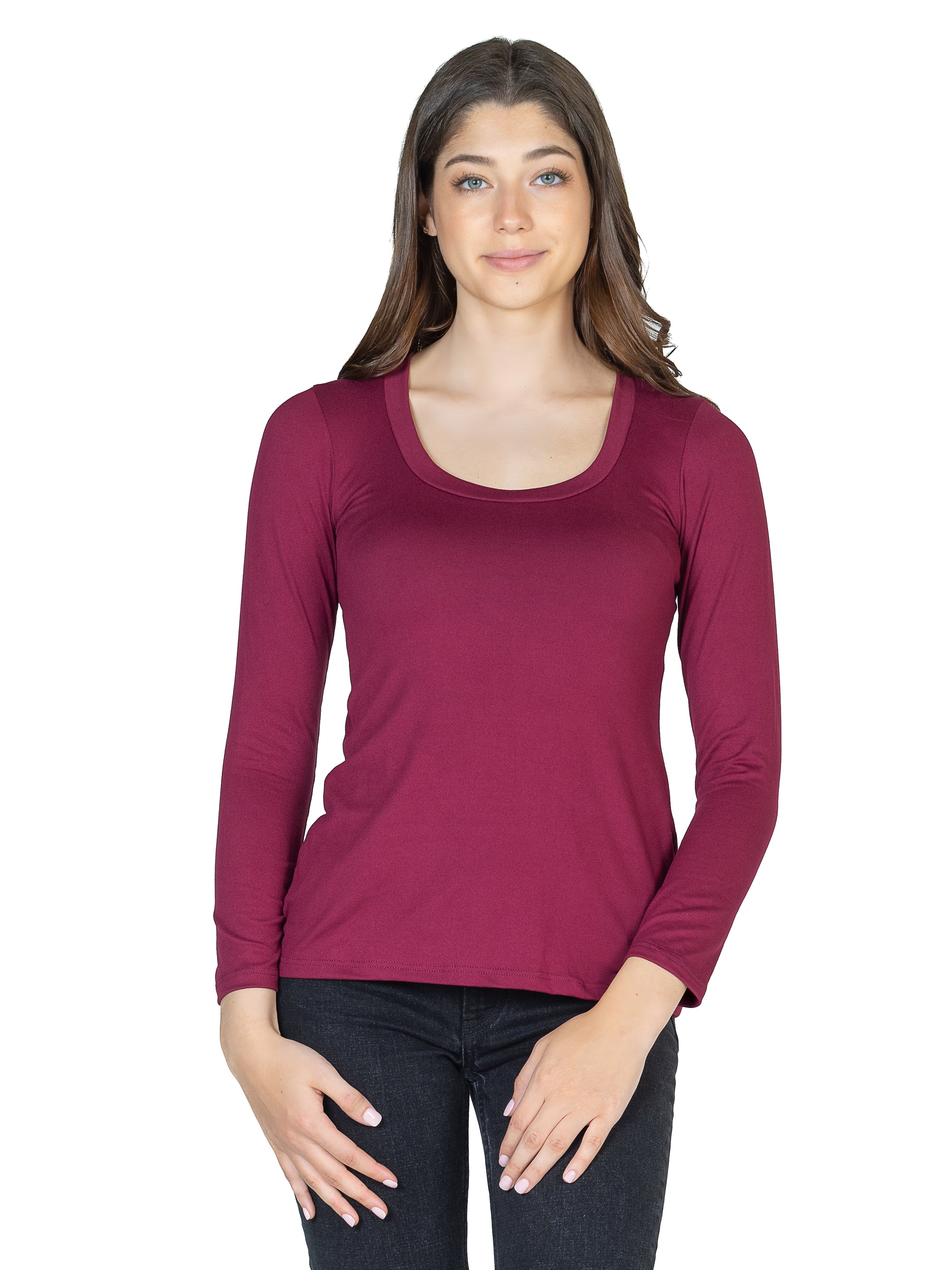 24seven Comfort Apparel Solid Long Sleeve Scoop Neck Womens Tee