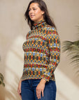 Multicolor Geo Pring Long Sleeve Turtle Neck Top