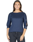 Three Quarter Sleeve Boatneck Cold Shoulder Top with Grommet Detail
