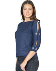 Three Quarter Sleeve Boatneck Cold Shoulder Top with Grommet Detail
