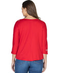 Three Quarter Sleeve Boatneck Cold Shoulder Top with Grommet Detail