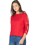 Three Quarter Sleeve Boatneck Cold Shoulder Top with Grommet Detail