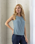 Womens Blue Print Pleated Crew Neckline Back Closure Sleeveless Top