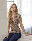 Womens Brown Print Short Sleeve V Neck Wrap Top