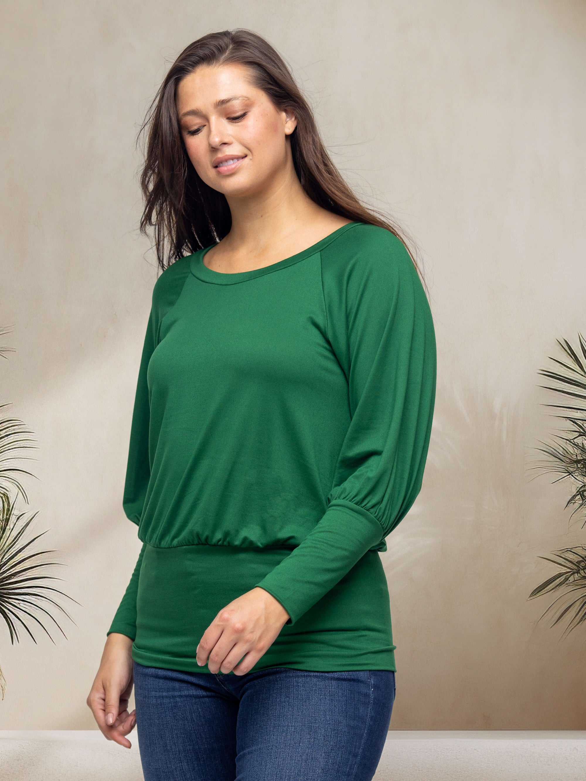 Round Neck Long Blouson Sleeve Banded Bottom Top
