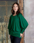 Round Neck Long Blouson Sleeve Banded Bottom Top