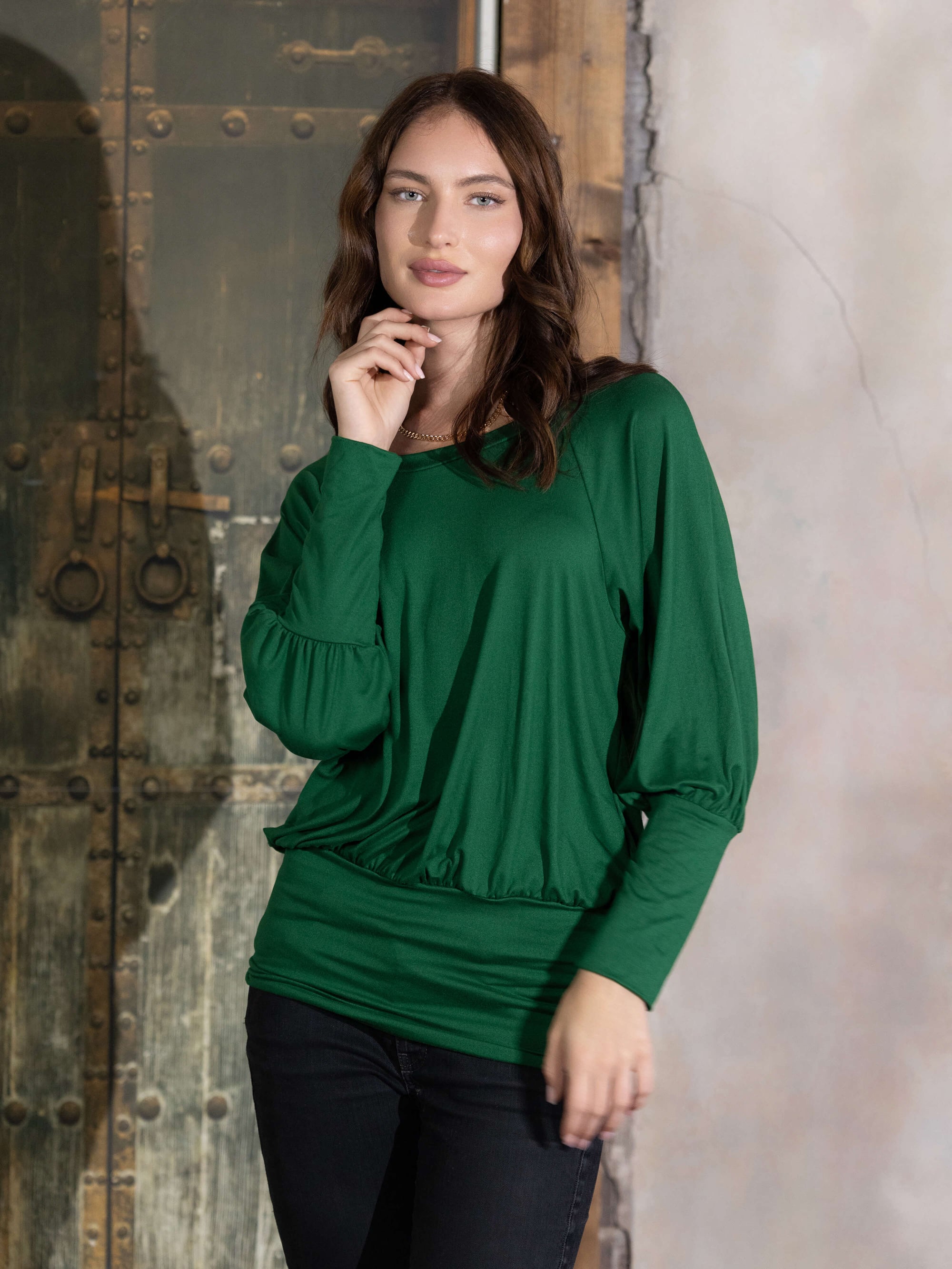 Round Neck Long Blouson Sleeve Banded Bottom Top