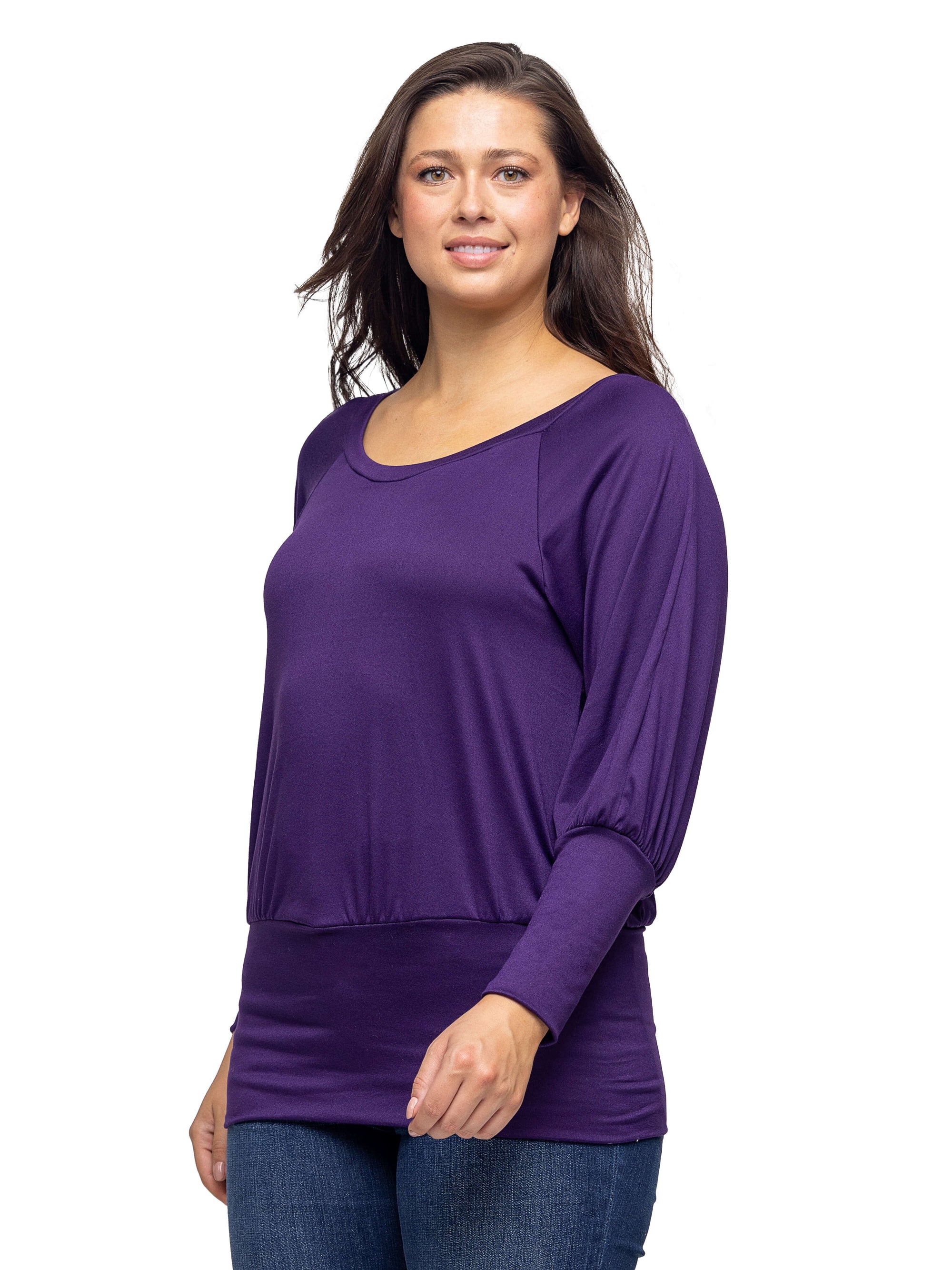 Round Neck Long Blouson Sleeve Banded Bottom Top