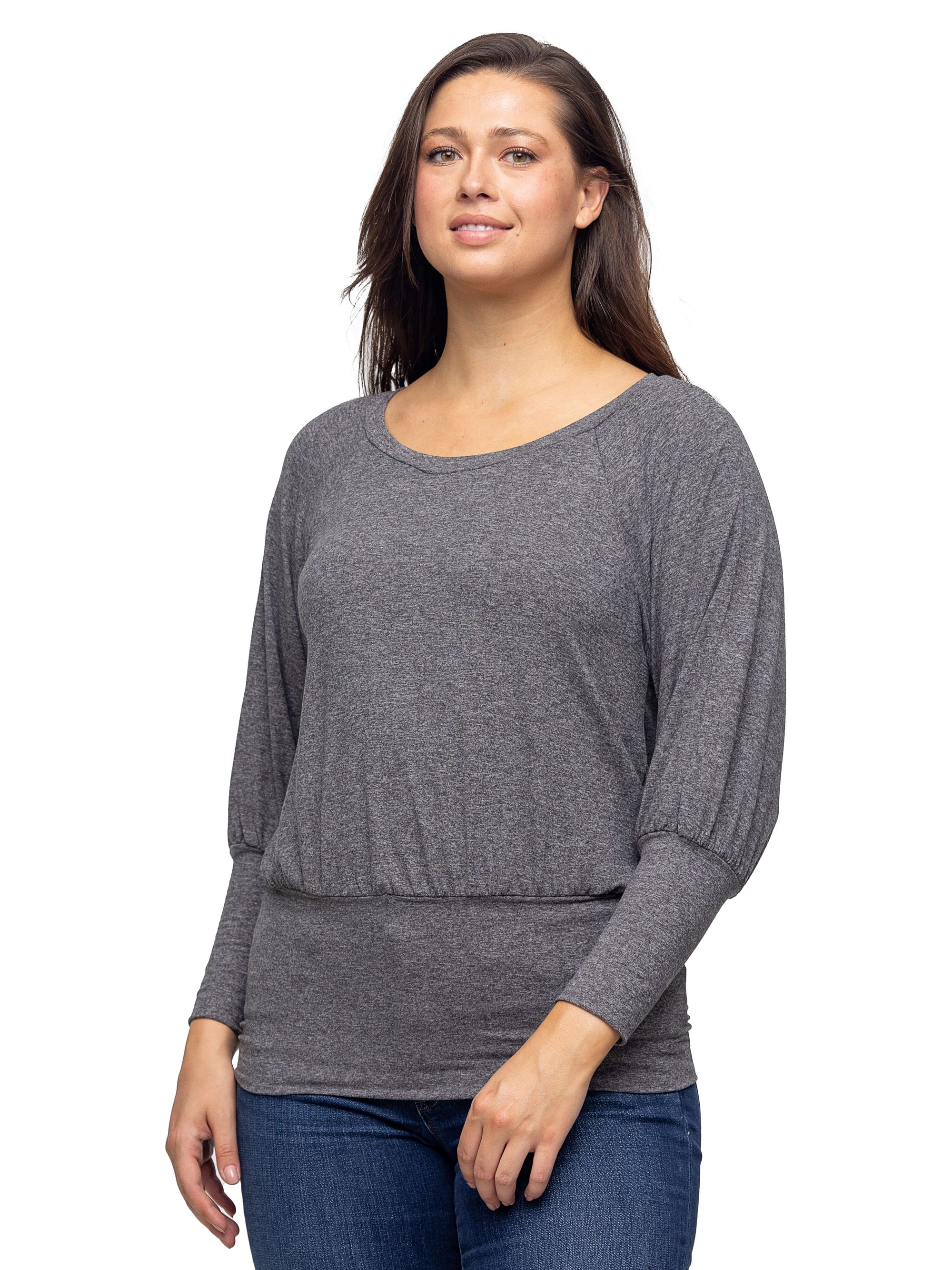 Round Neck Long Blouson Sleeve Banded Bottom Top