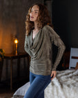 Cowl Neck Long Sleeve Shimmery Fabric Top