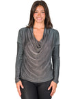 24seven Comfort Apparel Cowl Neck Long Sleeve Shimmery Fabric Top