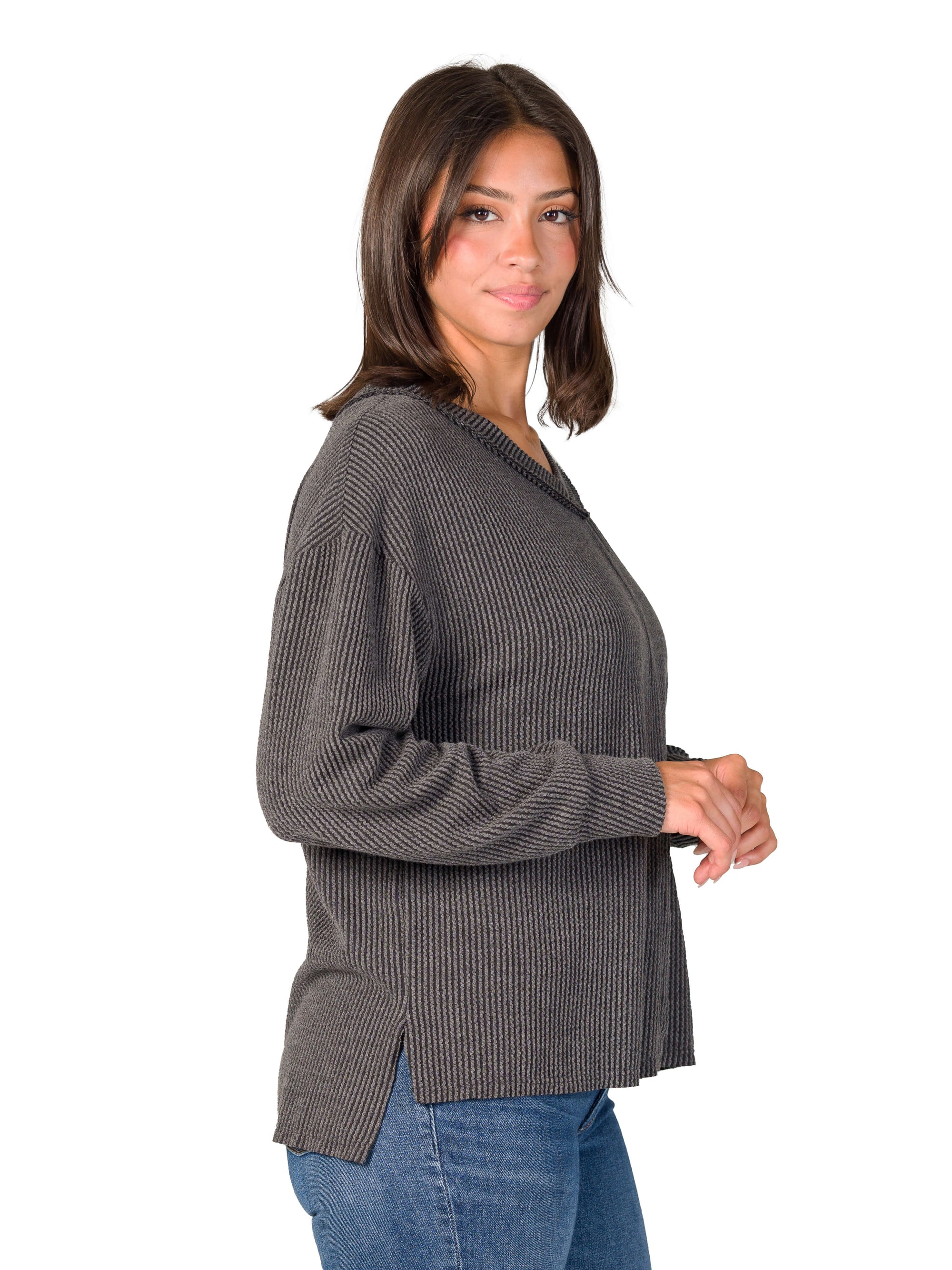 Relaxed Fit Ribbed Knit V Neck Sweater Top